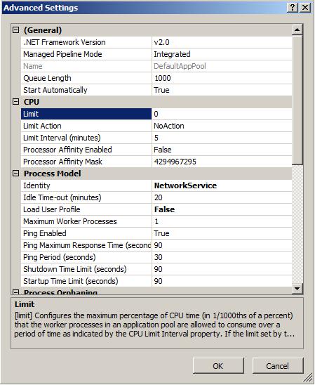 Screenshot of the C P U limit set to 0 in the Advanced Settings dialog.