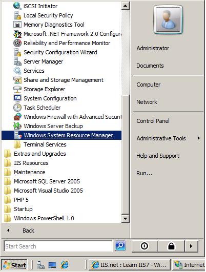 Screenshot of the Windows System Resource Manager in the Administrative Tool.