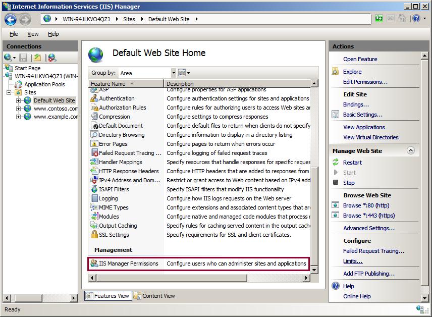 Screenshot of the I I S Manager screen showing the Default Web Site Home page in the main pane.