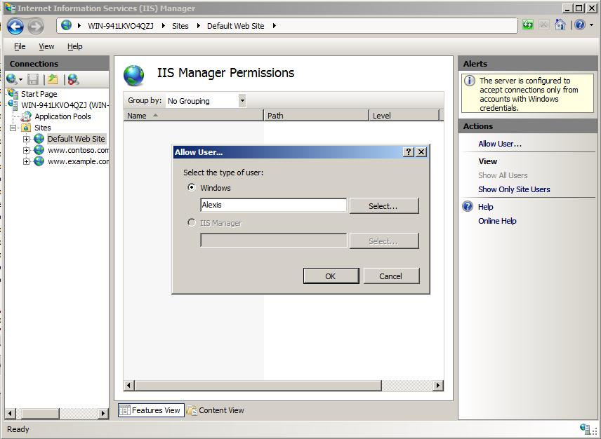 Screenshot of the I  I S Manager screen showing I I S Manager Permissions in the main pane. I I S Manager Permission is highlighted in the Management section.