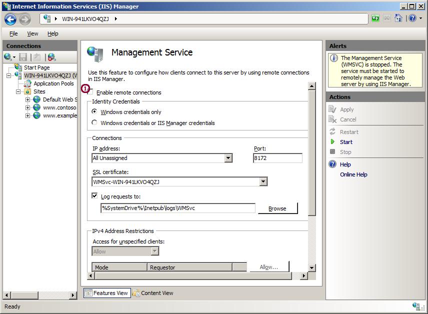 Screenshot of the I I S Manager window showing the Management Service page in the main pane.