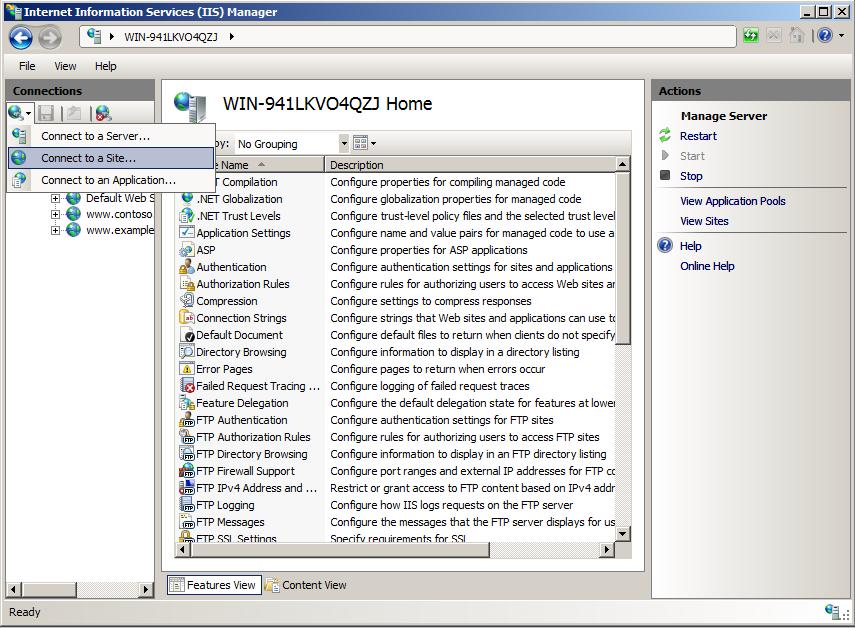 Screenshot of the I I S Manager window with the connect menu open in the Connections pane.