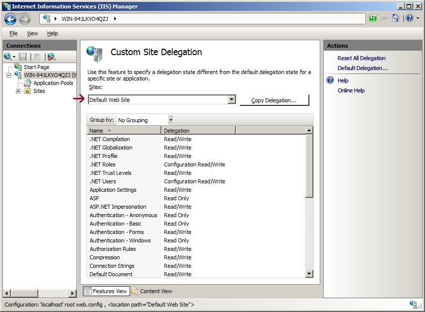 Screenshot of the I I S Manager window showing Custom Site Delegation in the main pane. An arrow points to the Site dropdown.