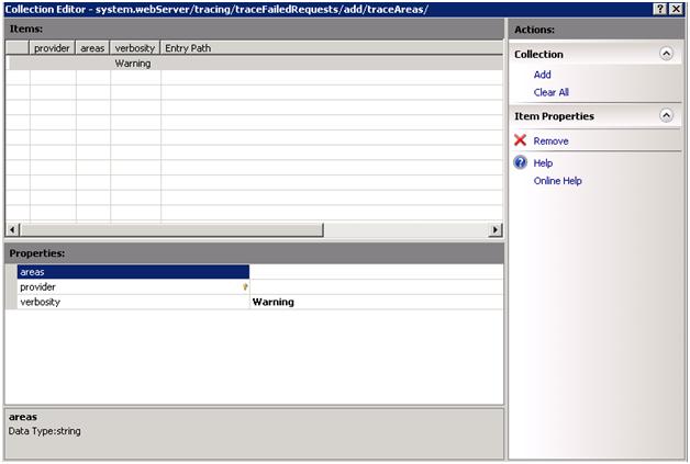 Screenshot of the Collection Editor window. The Item pane shows a warning. The properties pane shows a warning.