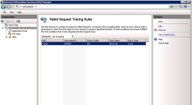 Screenshot of the I I S Manager window. Failed Request Tracing Rules displays in the main pane.