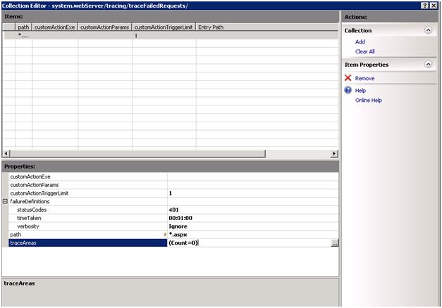 Screenshot of the Collection Editor window. Trace areas is selected in the Properties section.
