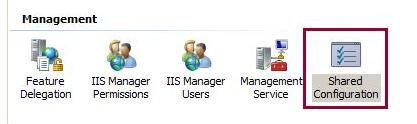 Screenshot of I I S Manager with Shared Configuration icon selected.