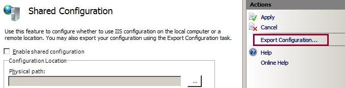 Screenshot of Actions pane in Shared Configuration with Export Configuration dot dot dot highlighted.