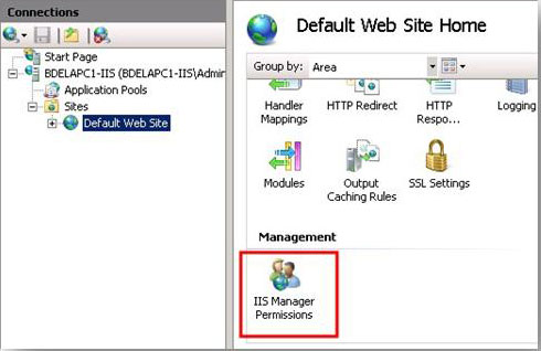 Screenshot of Connections pane. Default Web Site is selected. On the Default Web Site Home pane, I I S Manager Permissions is highlighted.
