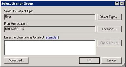Screenshot of Select User or Group dialog box. Under the text Select this object type, User is written. Under the text From this location, B D E L A P C one dash I I S is written.