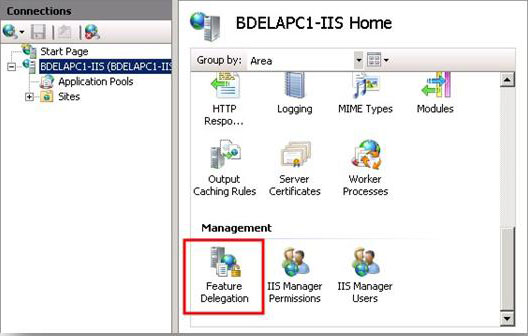 Screenshot of connections pane in server home page showing B D E L A P C 1 dash I I S home selected and Feature Delegation icon highlighted.