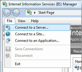 Screenshot of the I I S Manager page. The Connect to a Server option is highlighted.