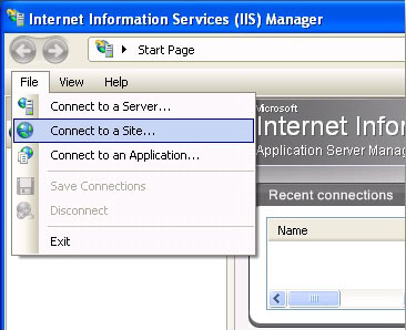 Screenshot of the I I S Manager Start Page. Under the File Tab, Connect to a Site is highlighted.