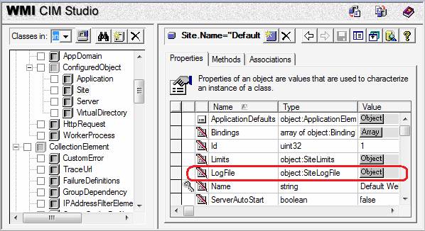 Screenshot of Properties tab showing the Log File, Object Site Log File and Object are circled in red. Object button is shown in Value column.