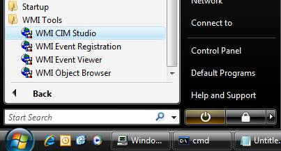 Screenshot that shows the W M I Tools pane expanded with W M I C I M Studio selected.
