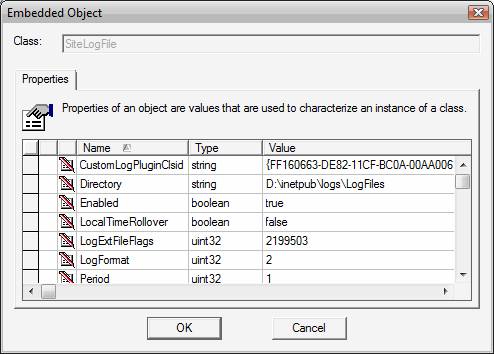 Screenshot of Embedded Object dialog box that shows the properties of the Log File object.