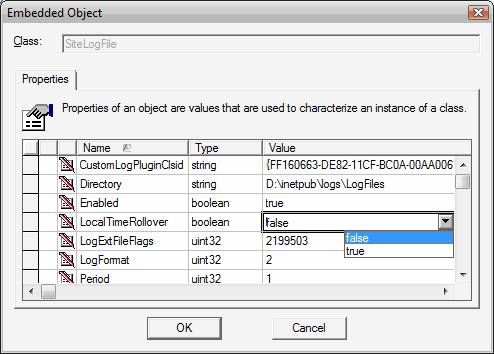 Screenshot of Embedded dialog shows the Value field for the Local Time Roll over property. True is selected from the drop down in the Value column.
