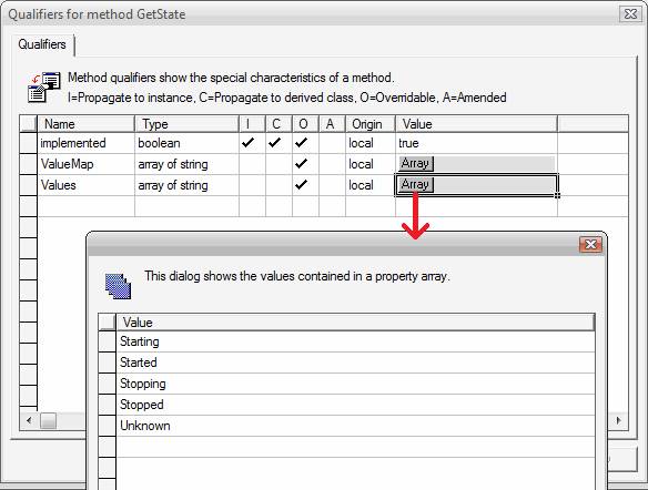 Screenshot of Qualifiers method Get State dialog box showing the Get State method meta data. Array is highlighted in Value column.