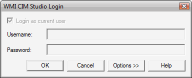 Screenshot that shows W M I C I M  Studio Login dialog box with User name and Password boxes.