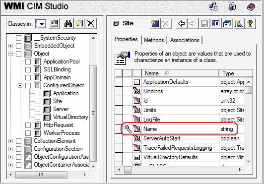 Screenshot of the Name property emphasized and set as a key property in the W M I C I M Studio dialog.