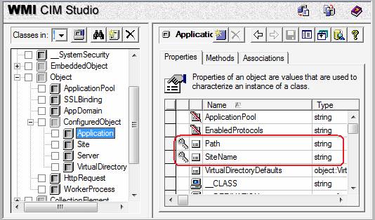 Screenshot of Application key Properties set to Path and Site Name in the W M I C I M Studio dialog.