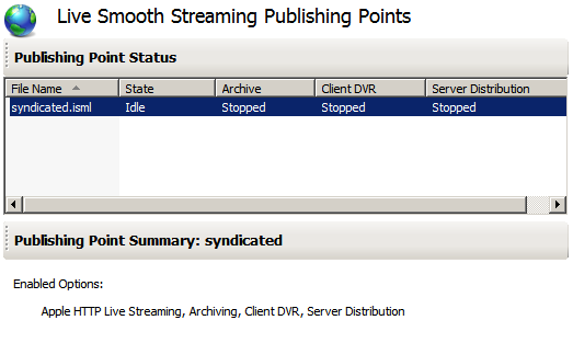Screenshot of the Live Smooth Streaming Publishing Points feature page. The added publishing point is highlighted. 