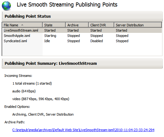 Screenshot of the Publishing Point Summary screen.