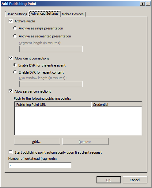 Screenshot of the Add Publishing Point dialog box displaying the Advanced Settings tab.