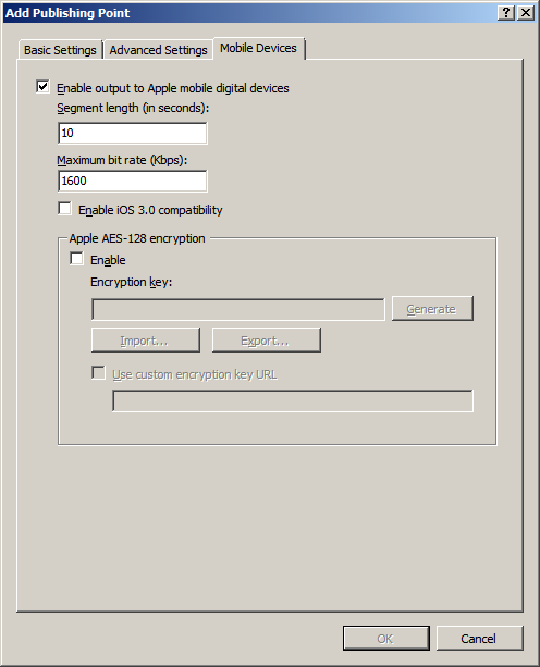 Screenshot of the Add Publishing Point dialog box displaying the Mobile Devices tab.