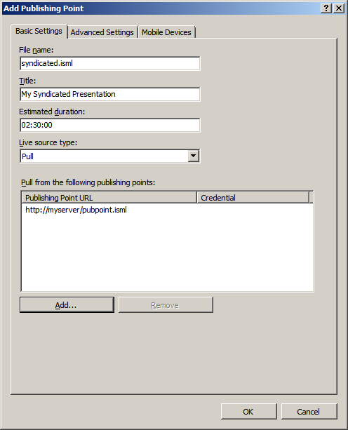 Screenshot of the Add Publishing Point dialog box displaying the Basic Settings Tab. The newly added Publishing Point U R L is visible.