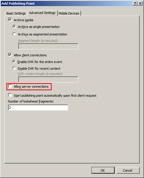 Screenshot of the Add Publishing Point dialog box with the allow server connections option being highlighted.