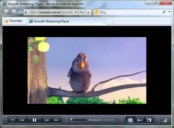 Screenshot of the Smooth Streaming Player that is open in the web browser.