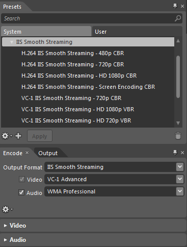 Screenshot of the Microsoft Expression Encoder screen's Presets tab, with the I I S Smooth Streaming preset highlighted.