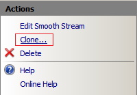 Screenshot of Actions pane showing Clone selection.