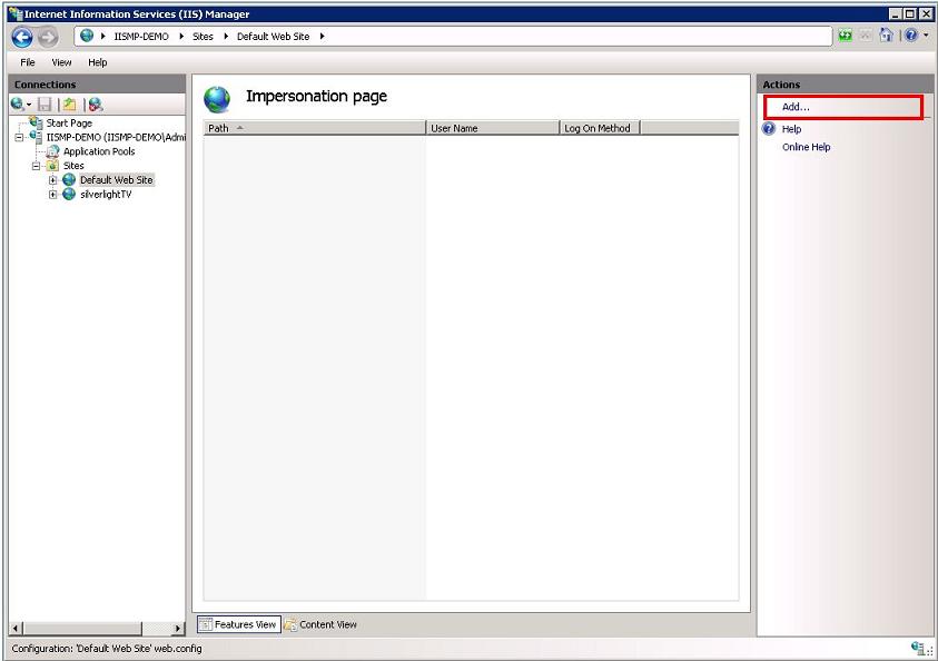 Screenshot of the I I S Manager window showing the Impression Page in the main pane. Add is highlighted in the Actions pane.