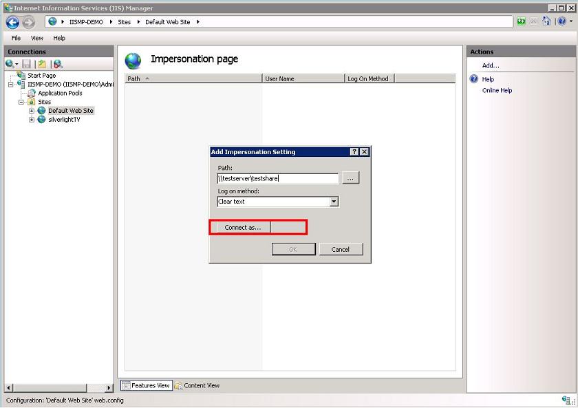 Screenshot of the I I S Manager window showing the Add Impersonation dialog. Correct as, is highlighted.