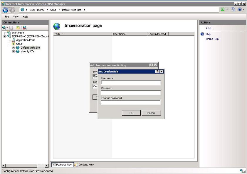 Screenshot of the I I S Manager window showing the Set Credentials dialog.
