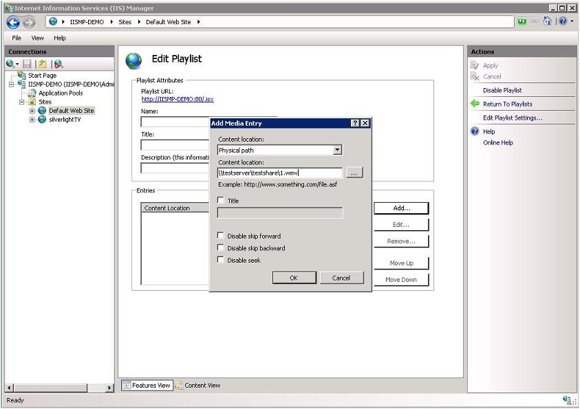 Screenshot of the I I S Manager window showing the Add Media Entry dialog. The example path displays as the content location.