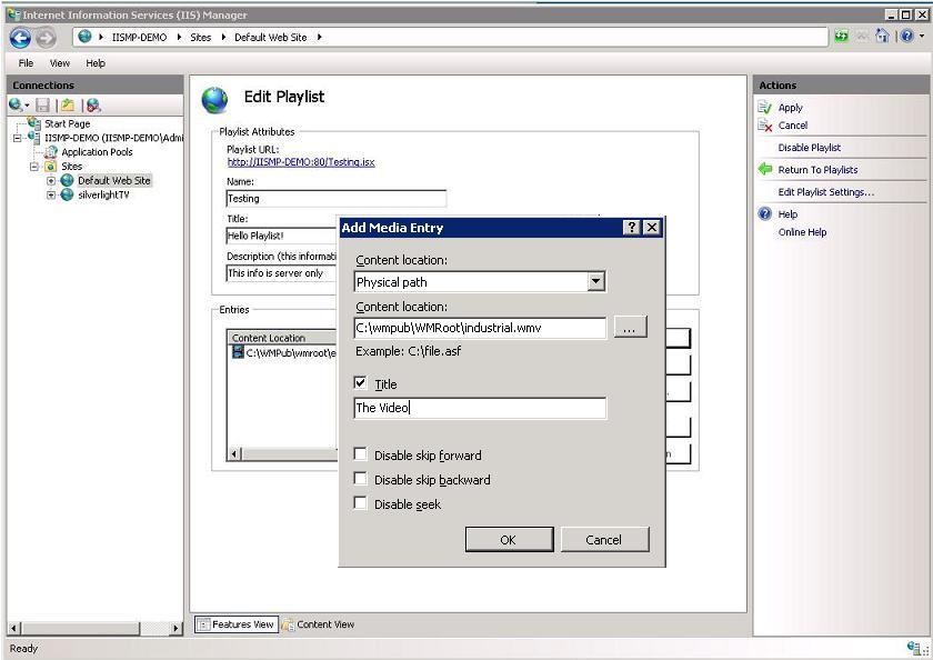 Screenshot of the I I S Manager window showing the Add Media Entry dialog. Title shows The Video.