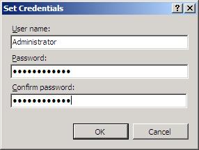 Screenshot of the Set Credentials dialog box. The User name, Password, and Confirm Password boxes are shown.