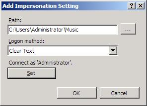 Screenshot of the Add Impersonation Setting dialog box. The Path and Logon Method boxes are filled. The O K button is found at the bottom.