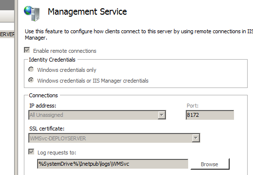 Screenshot of the Management Service page. The Enable remote connections checkbox is checked.