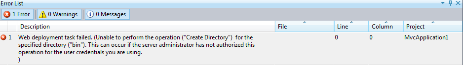 Screenshot of the Visual Studio Error List page. A description of an error says that the Web deployment task failed.