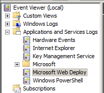 Screenshot of the Event Viewer navigation tree. The Microsoft Web Deploy option is selected.