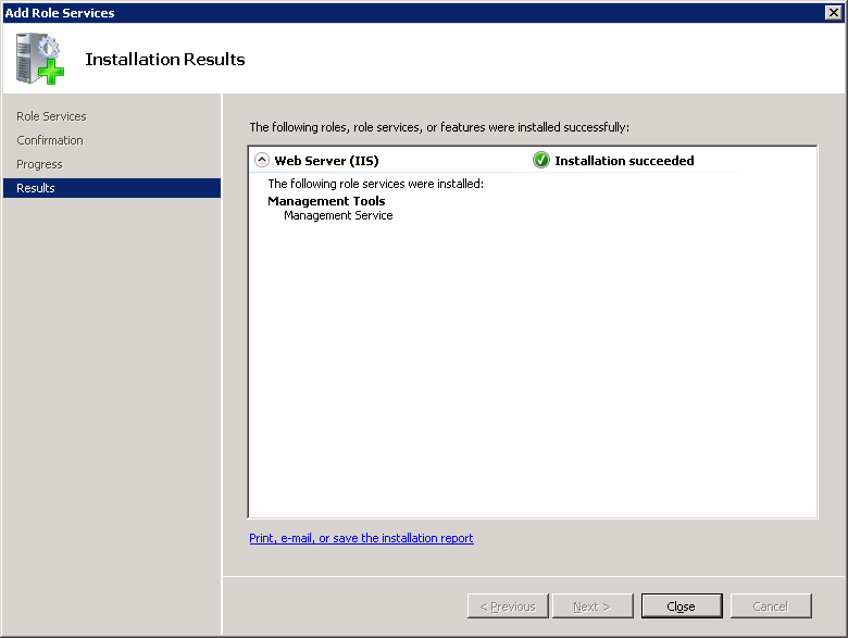 Screenshot of the Installation Results screen with a focus on the Close option.