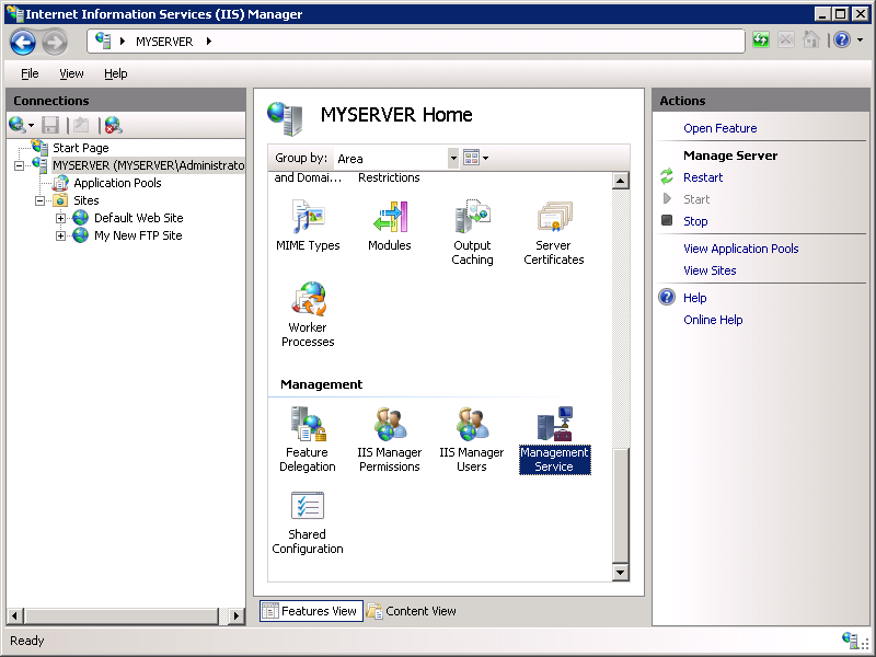 Screenshot of the Connections pane with a focus on the Management Service icon.