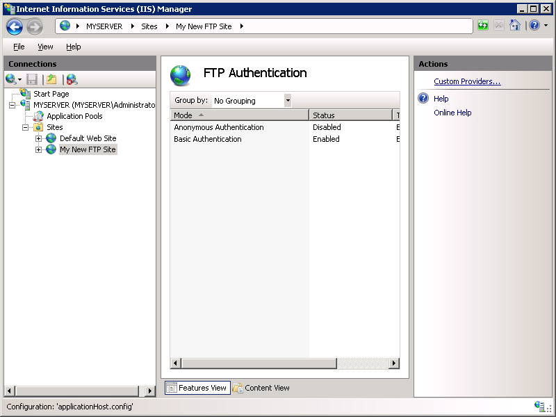 Screenshot of the F T P Authentication page with a focus on the Custom Providers option in the Actions pane.