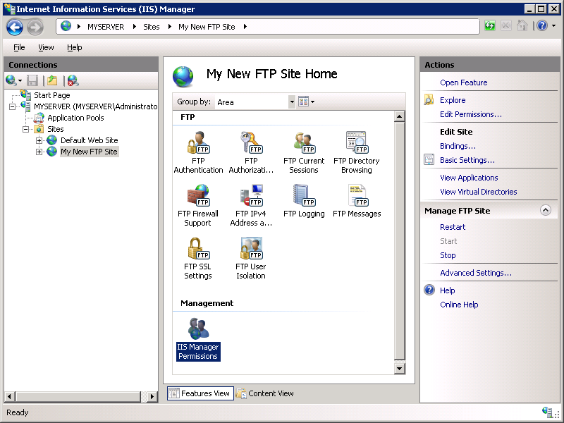 Screenshot of the My New FTP Site Home page with a focus on the I I S Manager Permissions option.