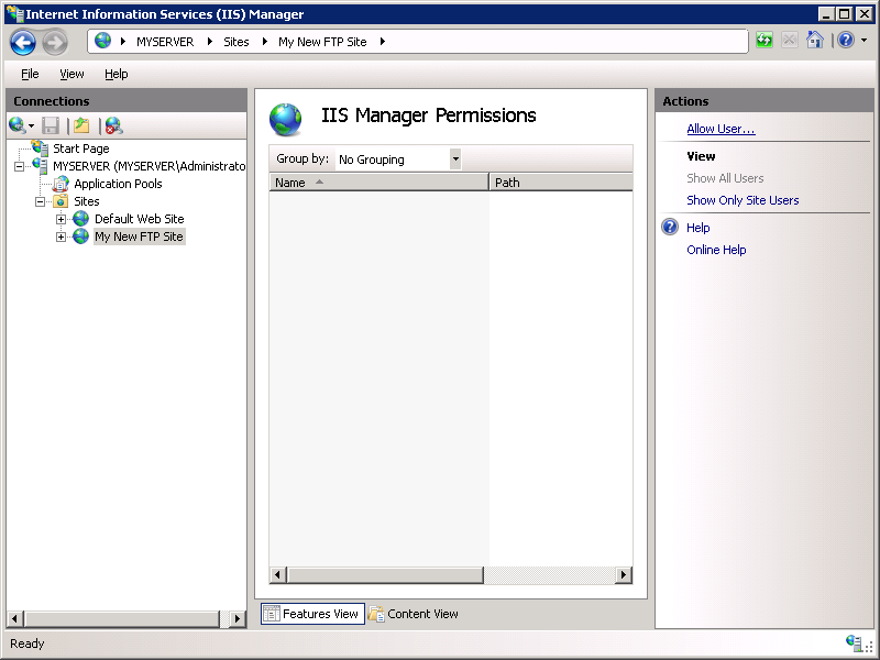 Screenshot of the I I S Manager Permissions screen with a focus on the Allow User option in the Actions pane.