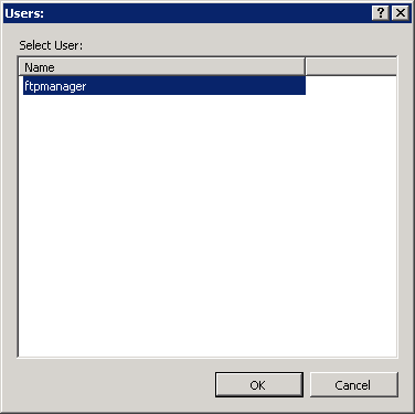 Screenshot of the Users dialog box showing the F T P manager option with a focus on the O K option.
